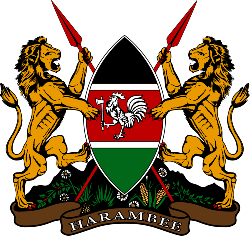 Kenya's coat of arms, two lions, two spears, one shield, one banner that says Harambee
